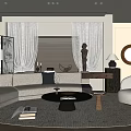Warm Modern Living Room Interior With Beige Sofa Wooden Divider And Round Rug