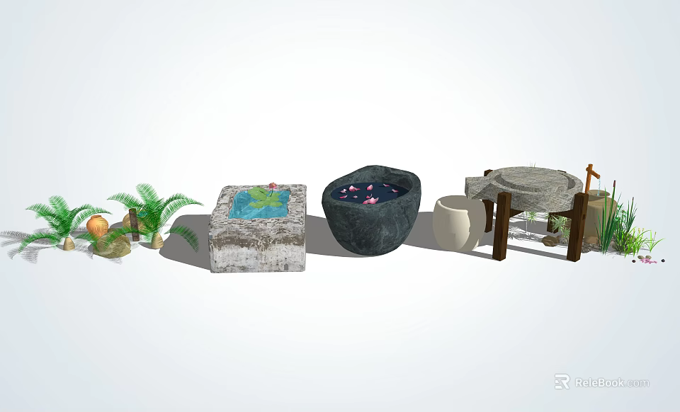 Karesansui Zen Japanese Garden Design With Stone Basin Moss And Sand Patterns 3d model 