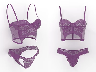 Elegant Purple Intricate Lace Women's Bralette and Panties Lingerie Set 3d model