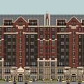 Red Brick Multi Story Building With Stone Base Windows And Decorative Roof 3d model