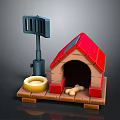 Red Roof Dog House With Pet Feeder Bowl And Dog Bone On Wooden Base