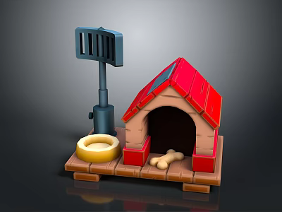 Red Roof Dog House With Pet Feeder Bowl And Dog Bone On Wooden Base 3d model