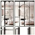 Modern Glass Hinged Door With Black Metal Frame And Arch Top Design Interior