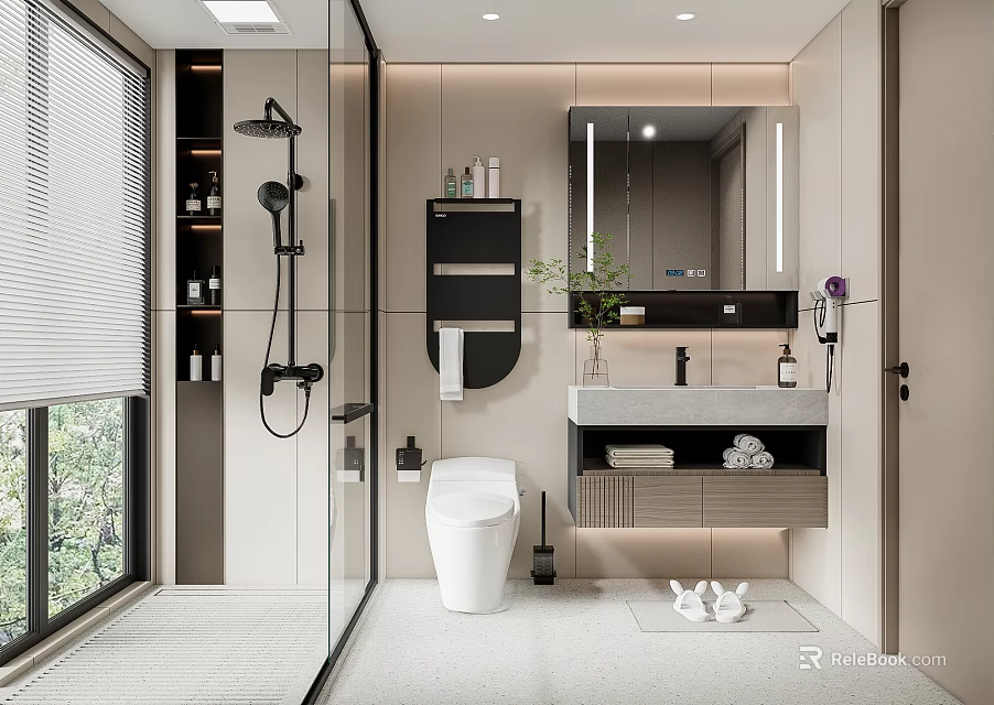 Modern Bathroom Interior Design With Glass Shower Enclosure White Toilet And Vanity Mirror 3d model 