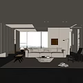 Minimalist Living Room Interior With Beige Sofa Black Chair And Floor To Ceiling Windows