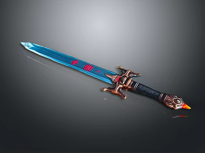 Decorative Blue Blade Sword With Red Markings Ornate Hilt Black Handle And Flame Pommel 3d model