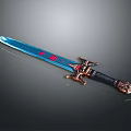 Decorative Blue Blade Sword With Red Markings Ornate Hilt Black Handle And Flame Pommel