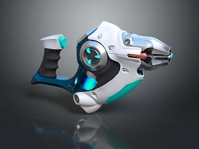 Futuristic Weapon Design Featuring White Blue Green Accents Metallic Handle And Glowing Energy Core 3d model