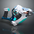 Futuristic Weapon Design Featuring White Blue Green Accents Metallic Handle And Glowing Energy Core