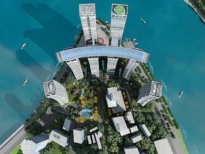 Aerial Planning for Waterfront High Rise Towers With Green Areas and Central Landscaped Plaza 3d model