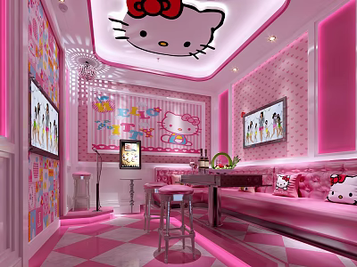 Hello Kitty Themed Pink KTV Room Interior With Decorative Elements TV Screens And Sofa 3d model