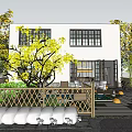 Modern White Detached Villa Exterior With Two Windows Trees Fence And Front Patio