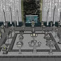 Neatly Arranged Stone Lanterns As Garden Ornaments With Water Features And Decorative Wall