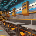 Modern Restaurant Interior Featuring Booth Seating Orange Chairs Geometric Floor And Metallic Accents