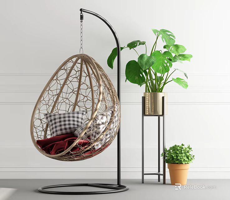 Rattan Egg Shaped Hanging Chair with Plaid Cushions Red Blanket and Indoor Green Plant 3d model 