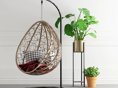 Rattan Egg Shaped Hanging Chair with Plaid Cushions Red Blanket and Indoor Green Plant 3d model
