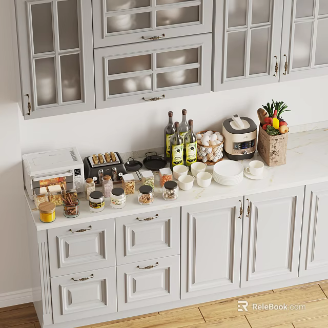 Stylish Kitchen Interior With Light Gray White Cabinets And Coffee Maker Spice Jars Fruit Basket 3d model 