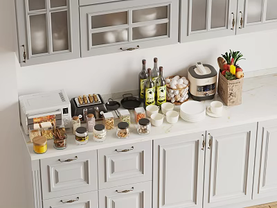 Stylish Kitchen Interior With Light Gray White Cabinets And Coffee Maker Spice Jars Fruit Basket 3d model