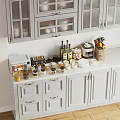 Stylish Kitchen Interior With Light Gray White Cabinets And Coffee Maker Spice Jars Fruit Basket