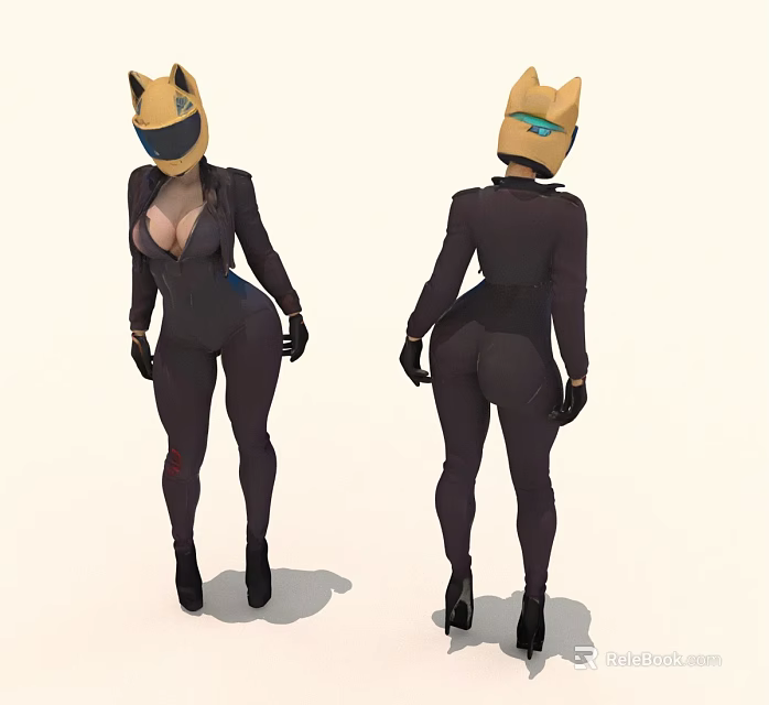 Female Character In Black Bodysuit With Cat Ear Helmet Front And Back Views 3d model 