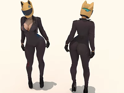 Female Character In Black Bodysuit With Cat Ear Helmet Front And Back Views 3d model