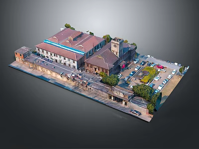 Cartoon Scenic Town With Red Roof Buildings Tower Cars Trees Roads And Parking Lot 3d model