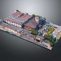 Cartoon Scenic Town With Red Roof Buildings Tower Cars Trees Roads And Parking Lot