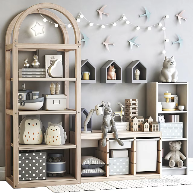 Cute Wooden Entryway Side Cabinet With Storage Shelves Drawers And Decorative Ornaments Star Lights 3d model 