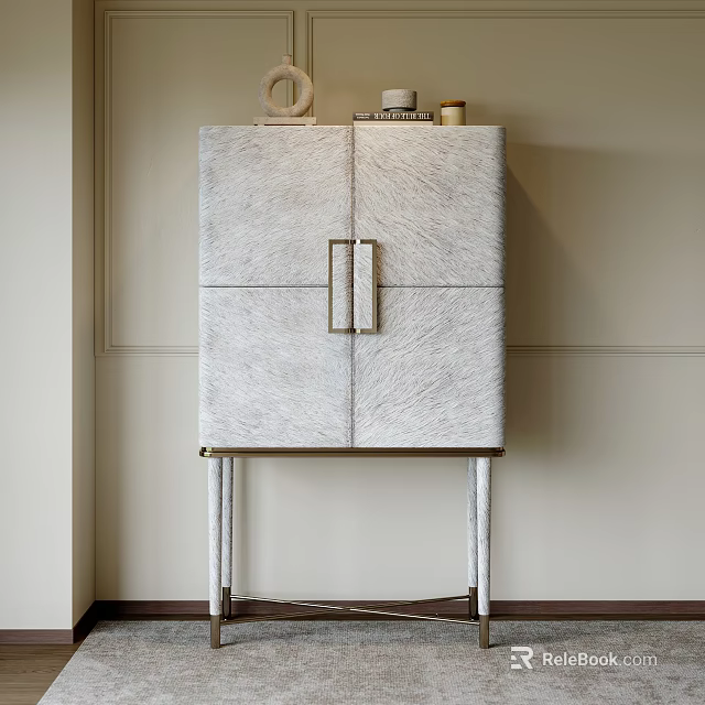 Entryway Side Cabinet With Textured Surface Metal Handle Slim Legs And Decorative Items 3d model 