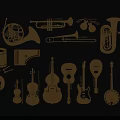 Variety of Musical Instruments Silhouette Art with Brass String and Percussion Types