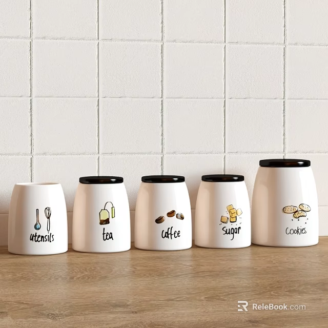 White Decorative Jars With Black Lids Holding Tea Coffee Sugar Cookies Utensils On Kitchen Counter 3d model 