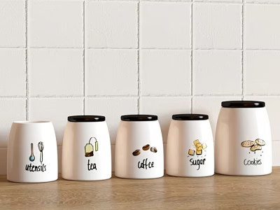 White Decorative Jars With Black Lids Holding Tea Coffee Sugar Cookies Utensils On Kitchen Counter 3d model