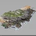 Detailed 3D Coastal Terrain Model With Rocky Cliffs Vegetation And Sand