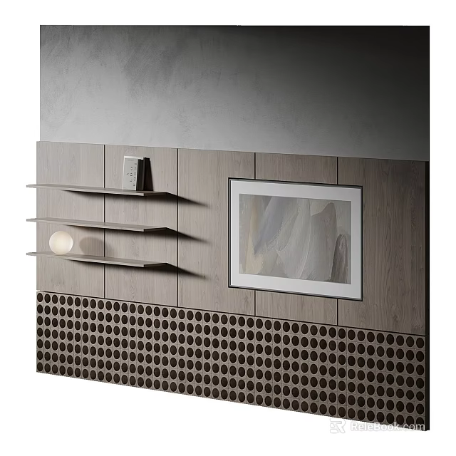 Modern Accent Wall With Wooden Panels Framed Artwork Shelves And Perforated Tiles 3d model 
