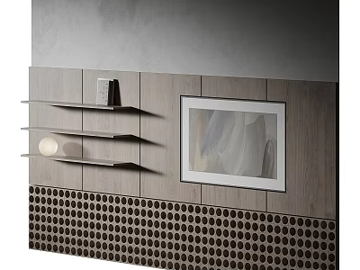Modern Accent Wall With Wooden Panels Framed Artwork Shelves And Perforated Tiles 3d model