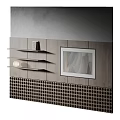 Modern Accent Wall With Wooden Panels Framed Artwork Shelves And Perforated Tiles