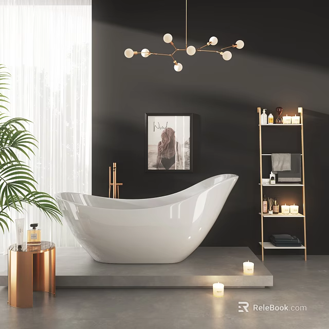 White Freestanding Bathtub in Stylish Interior with Black Wall Gold Chandelier Green Plant and Candles 3d model 
