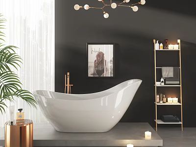White Freestanding Bathtub in Stylish Interior with Black Wall Gold Chandelier Green Plant and Candles 3d model