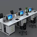 Modern Office Desks Setup With Computer Monitors Black Chairs And Potted Plants 3d model