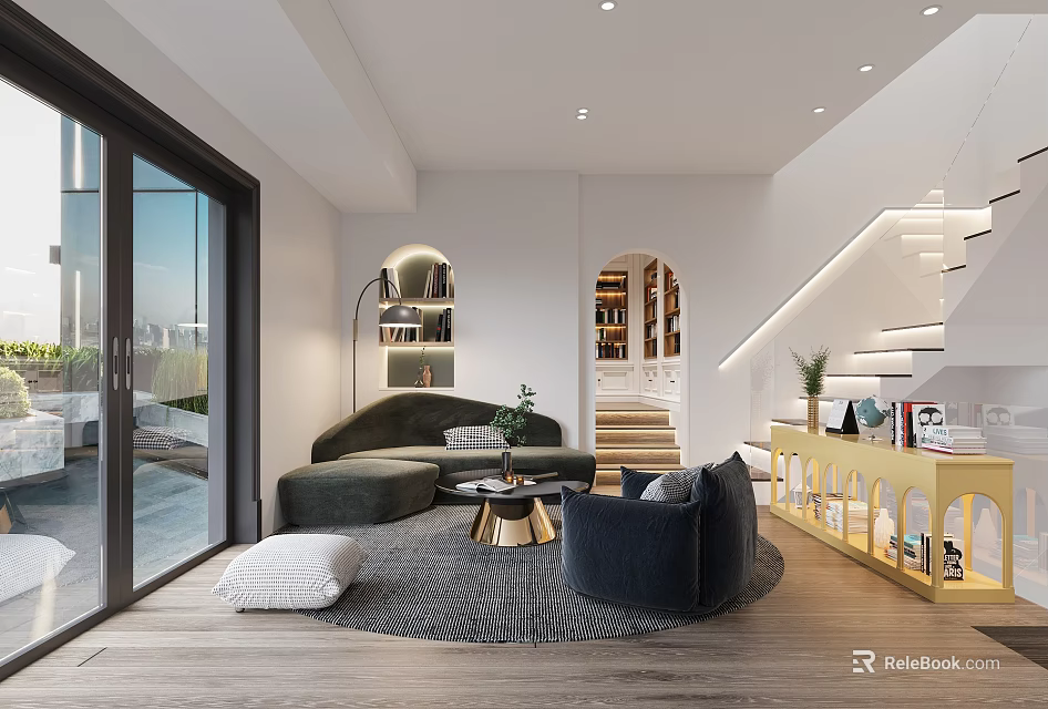 Modern Living Room With Large Windows Sofas And Yellow Shelf 3d model