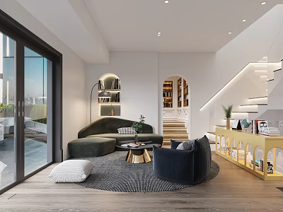 Modern Living Room With Large Windows Sofas And Yellow Shelf 3d model