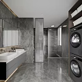 Modern Bathroom Interior With Marble Walls Double Washers Sinks Toilet And Glass Shower