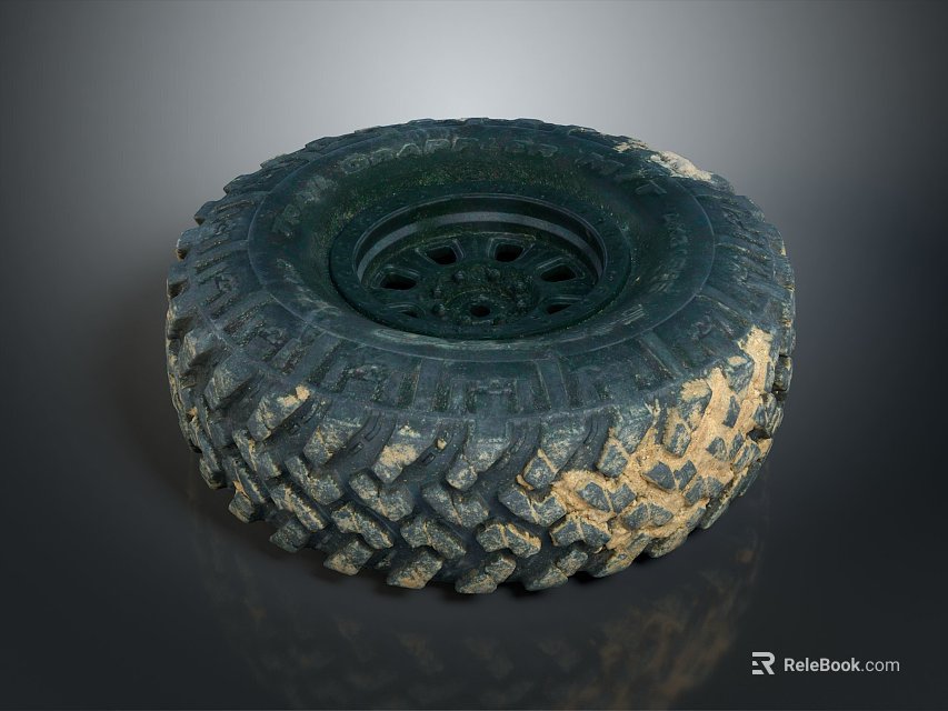Muddy Off-Road Tire with Deep Tread Pattern and Black Wheel Rim 3d model 