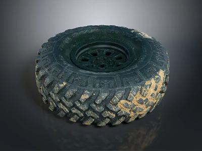 Muddy Off-Road Tire with Deep Tread Pattern and Black Wheel Rim 3d model