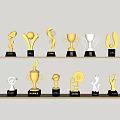 Trophies and Medals Display with Various Gold Silver Designs on Wooden Shelves