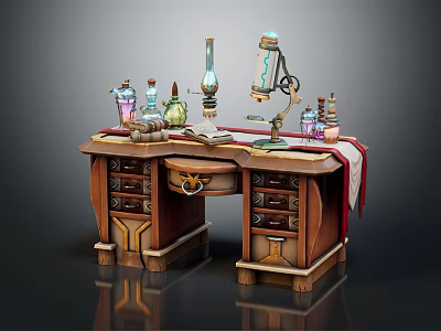 Vintage Wooden Desk With Drawers Decorative Bottles Table Lamp And Red Cloth 3d model