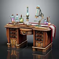 Vintage Wooden Desk With Drawers Decorative Bottles Table Lamp And Red Cloth