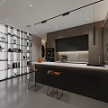 Front Desk Reception Area With Modern Design Wooden Counter And Stylish Chandelier Lighting