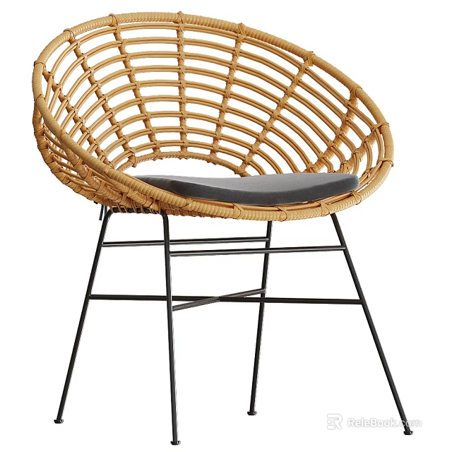 Modern Rattan Leisure Chair With Gray Cushion And Black Metal Legs 3d model 