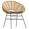 Modern Rattan Leisure Chair With Gray Cushion And Black Metal Legs